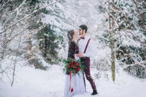 Couple de mariés en Hiver, shooting photo mariage